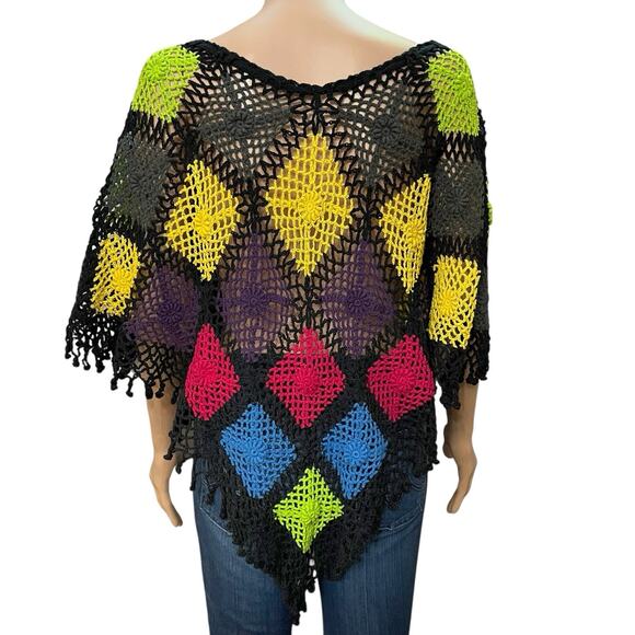 Handmade Granny Square Poncho Small Colorful Pullover Crochet Retro Boho Hippie - Picture 4 of 5
